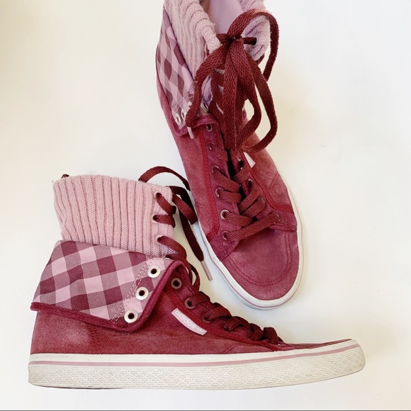Shoes - Adidas Burgundy Pink Plaid High Top Suede Shoe 8.5